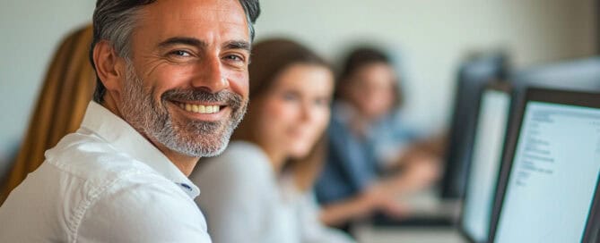 Lächelnder Mann mit grauen Haaren und Bart sitzt an einem Computer in einem hellen Büro, im Hintergrund arbeiten weitere Personen an ihren Bildschirmen.