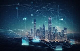 Futuristische Stadtsilhouette bei Nacht mit digitalen Netzwerken und leuchtenden Datenpunkten zur Darstellung von Smart-City-Technologie