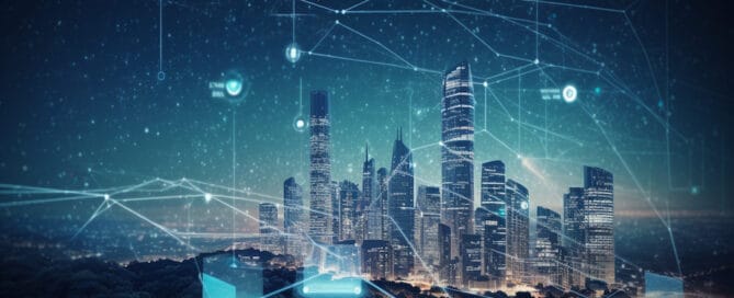 Futuristische Stadtsilhouette bei Nacht mit digitalen Netzwerken und leuchtenden Datenpunkten zur Darstellung von Smart-City-Technologie
