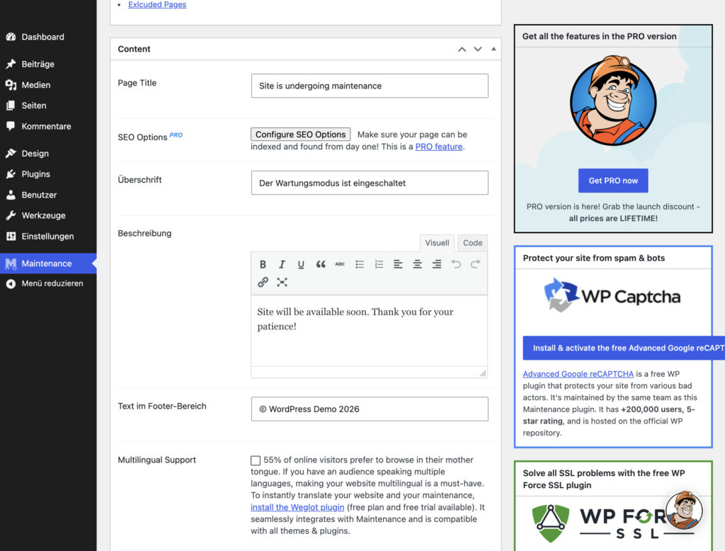 Maintenance-Plugin Einstellungen: Überschrift und Beschreibung der Wartungsseite