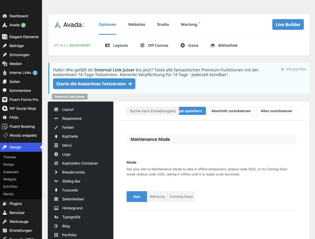 Avada Optionen: Maintenance Mode (Wartung / Coming Soon) mit Statuscode 503/200