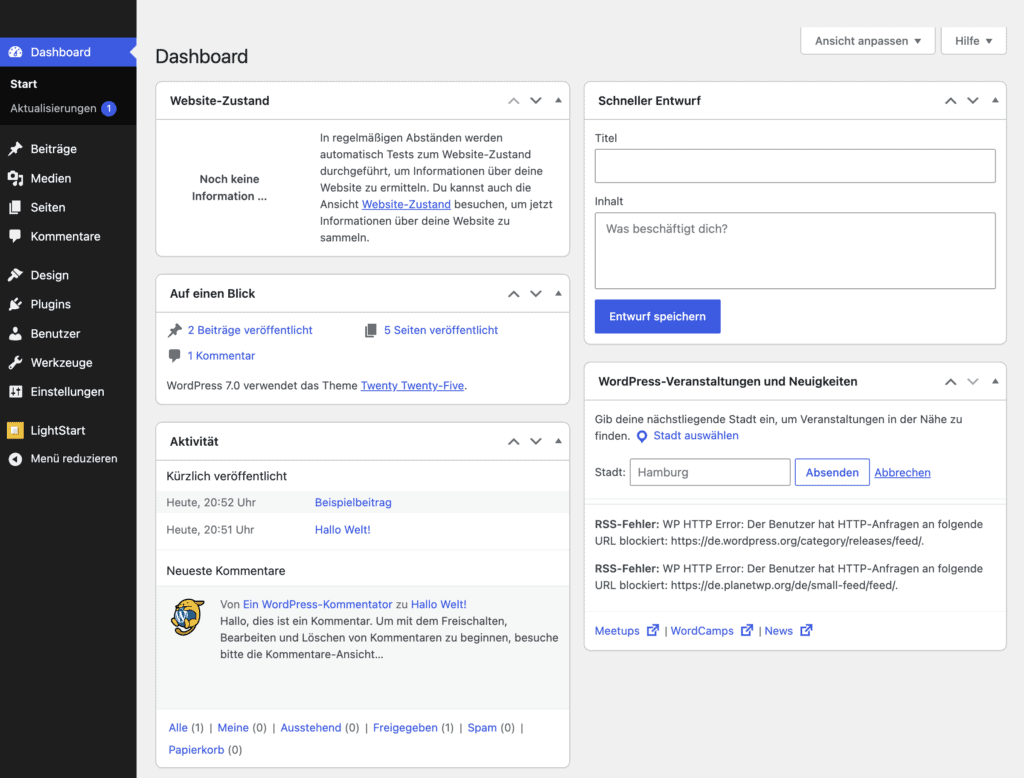 WordPress Dashboard mit Seitenleiste